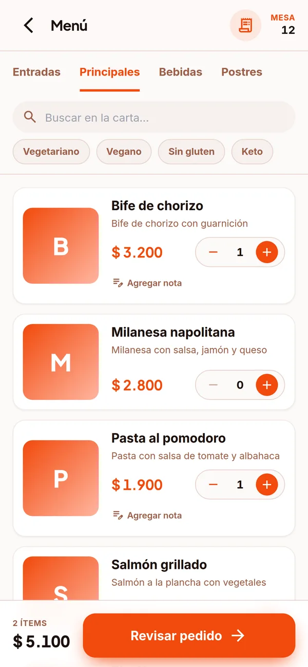 Velto, vista de comensal