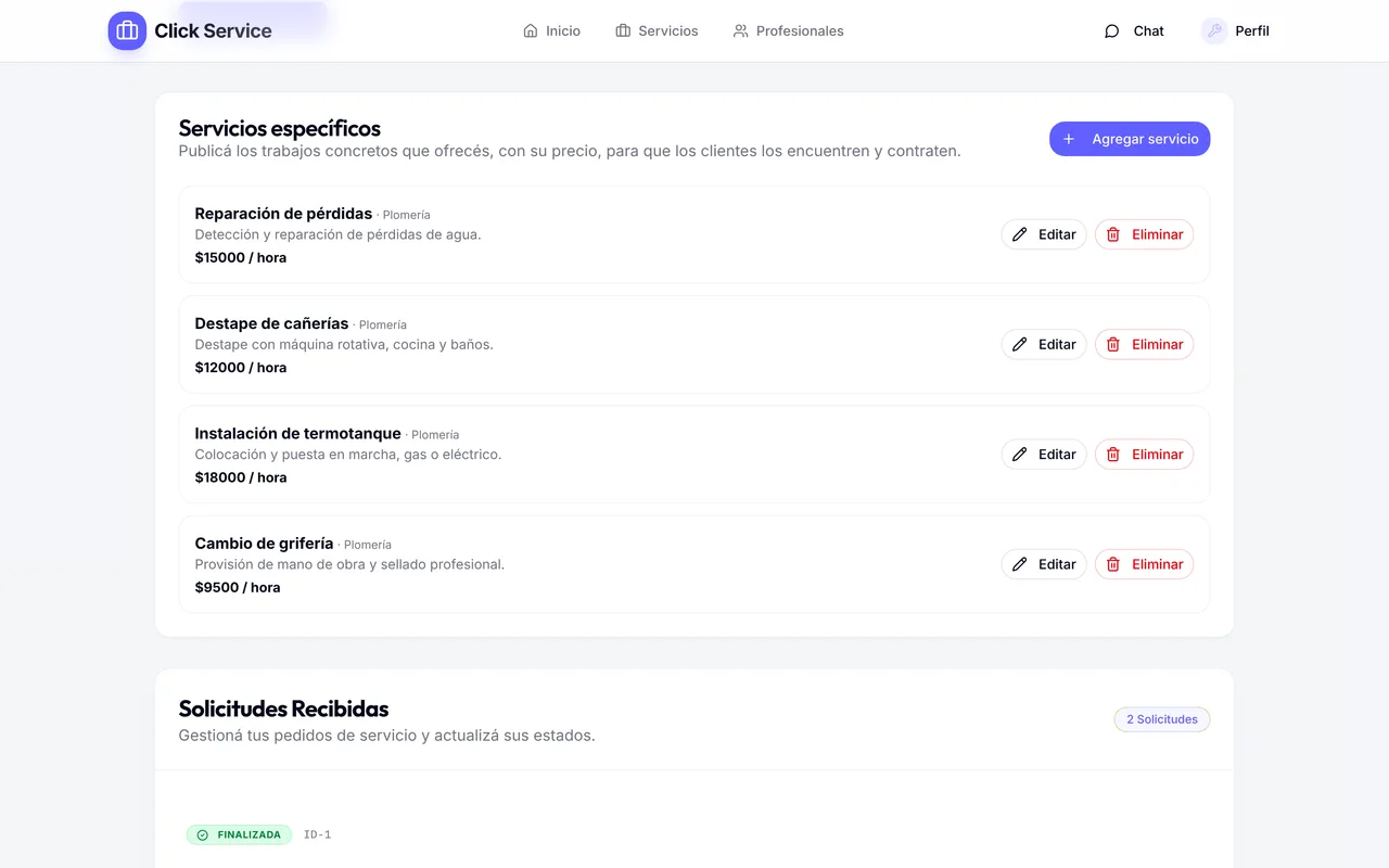 ClickService, pantalla de catálogo de trabajos
